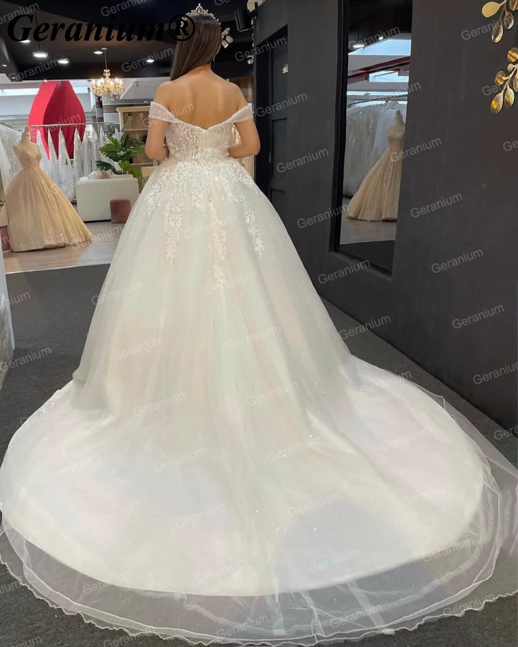 Geranium Off-the-Shoulder Beaded Ball Gown Wedding Dress – GER16