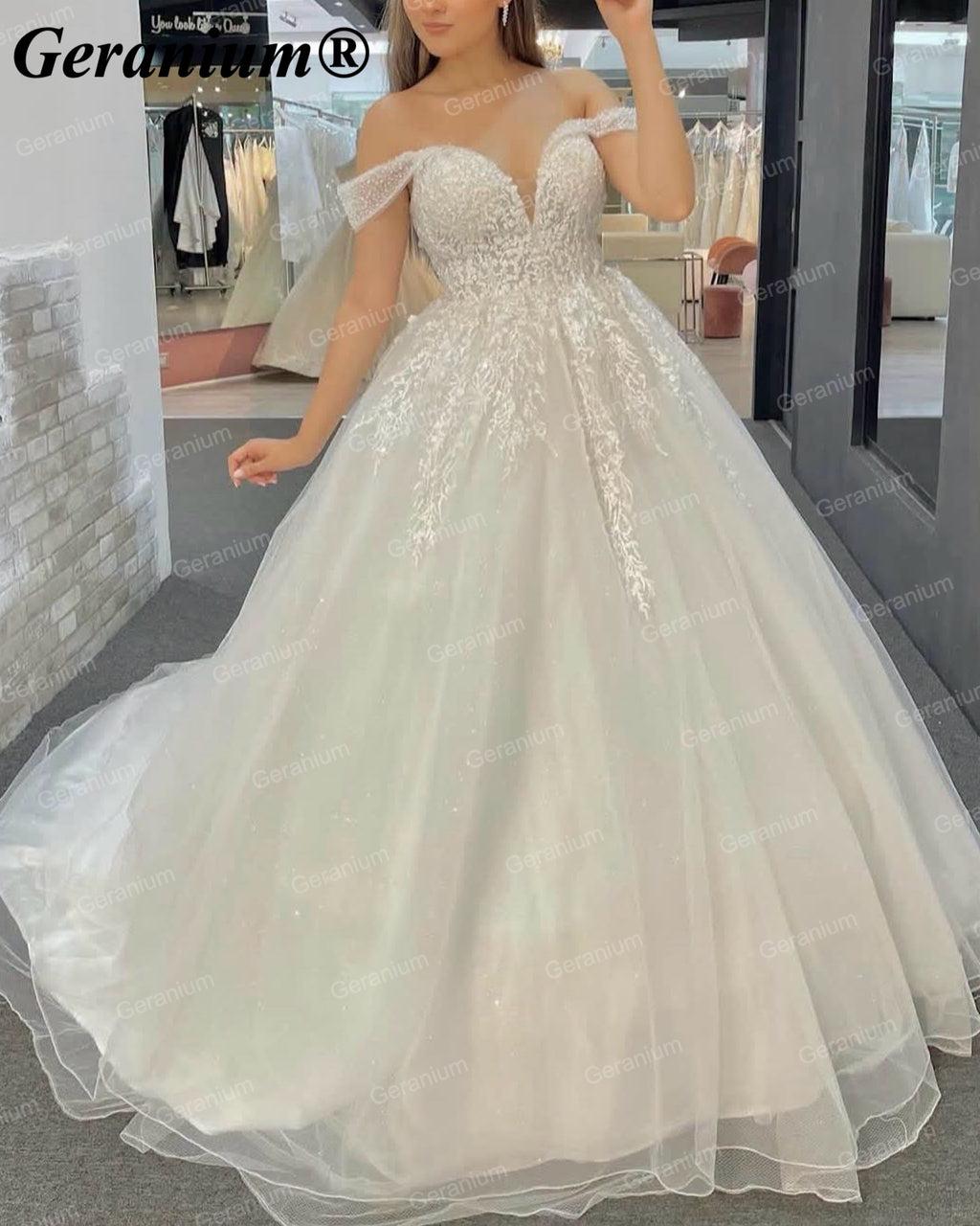 Geranium Off-the-Shoulder Beaded Ball Gown Wedding Dress – GER16