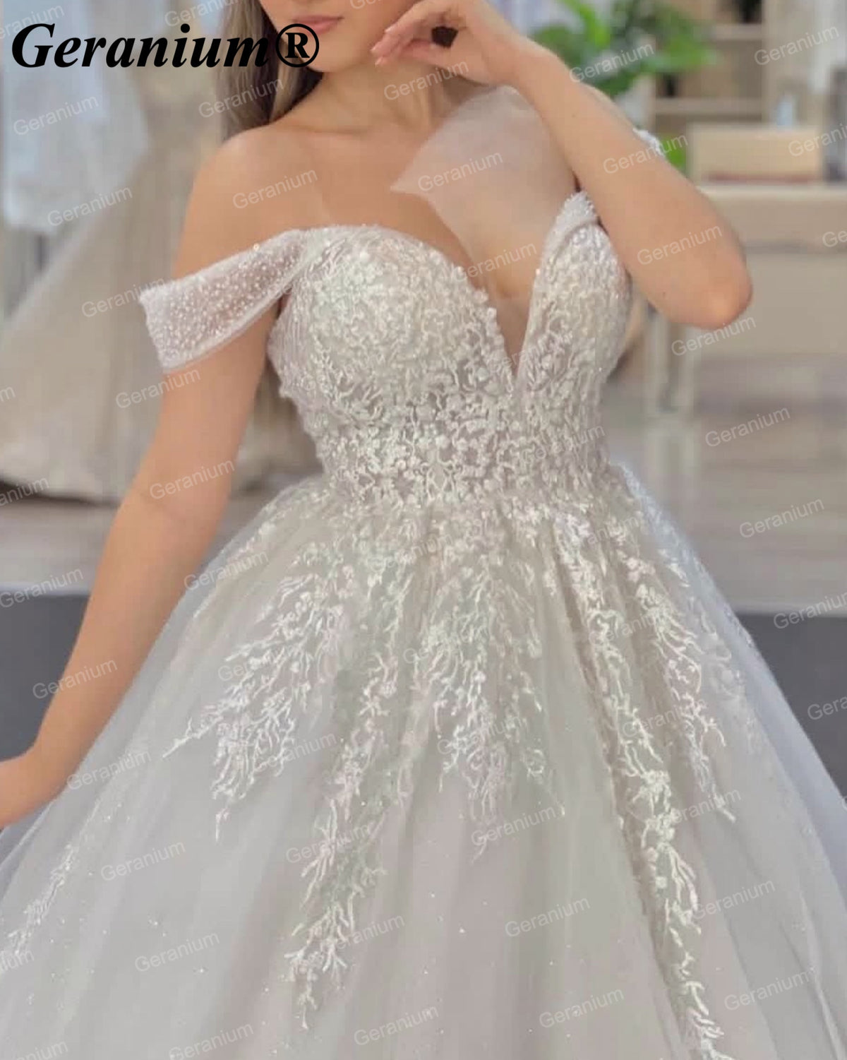Geranium Off-the-Shoulder Beaded Ball Gown Wedding Dress – GER16
