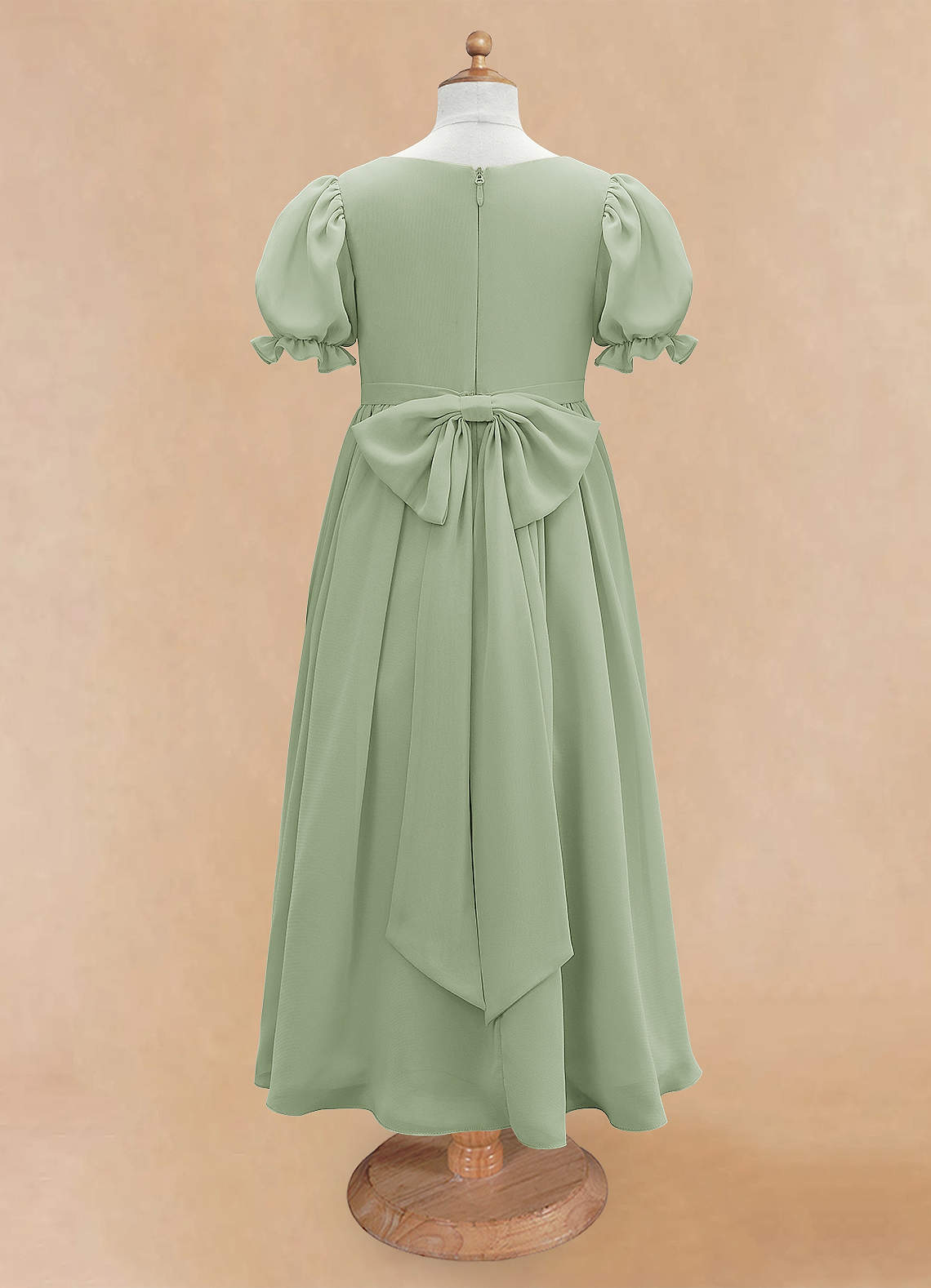 Geranium Sage Green Chiffon Flower Girl Dress with Puff Sleeves - Square Neck Junior Bridesmaid Party Gown KD-178