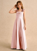 Geranium Blush Pink Satin Cape Bridesmaid Dress with Floral Shoulder Straps and Draped Bodice KD-146