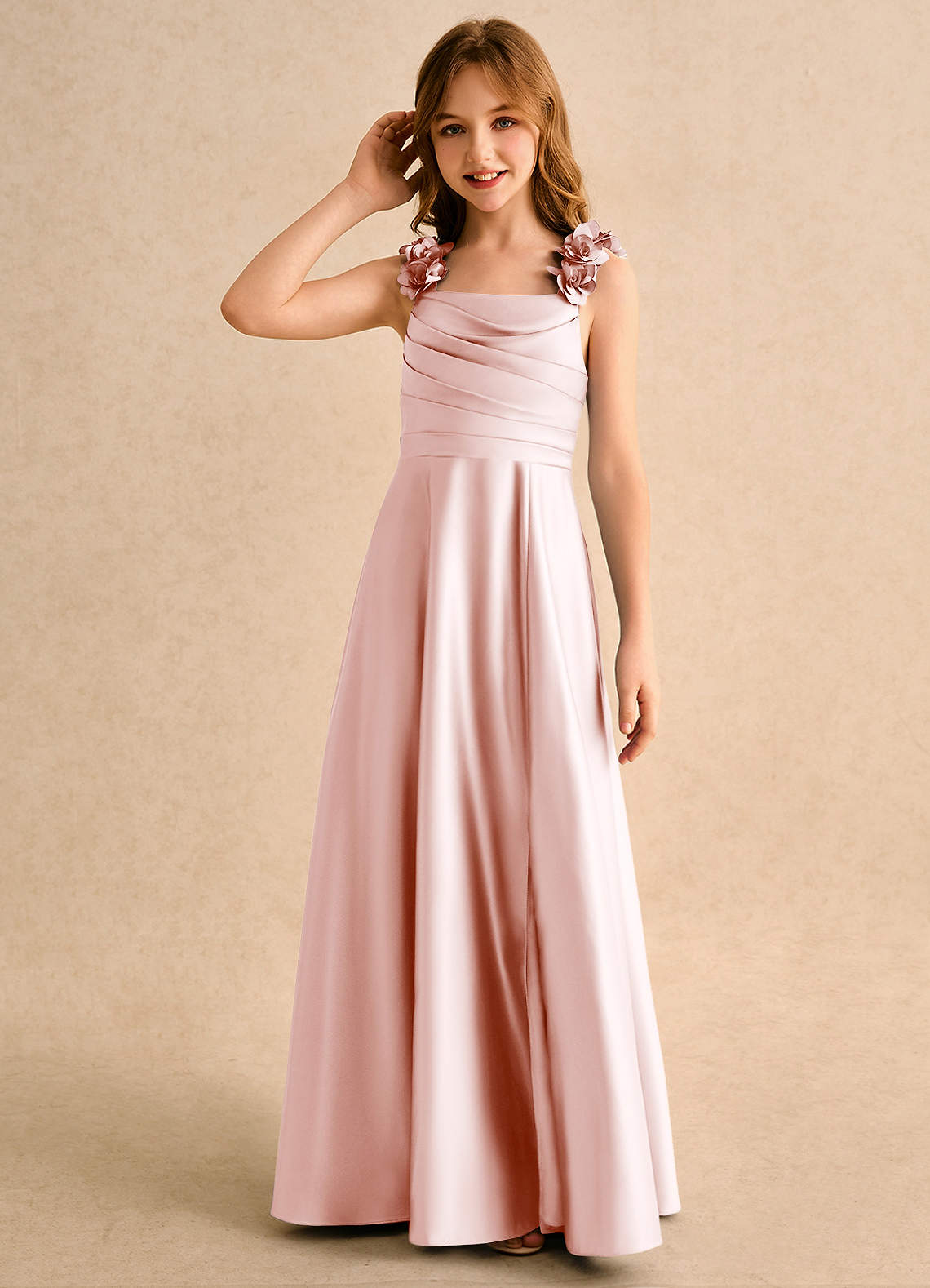 Geranium Blush Pink Satin Cape Bridesmaid Dress with Floral Shoulder Straps and Draped Bodice KD-146
