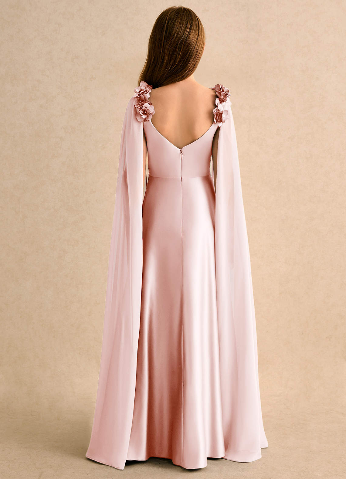 Geranium Blush Pink Satin Cape Bridesmaid Dress with Floral Shoulder Straps and Draped Bodice KD-146 Secondary image