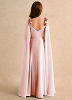 Geranium Blush Pink Satin Cape Bridesmaid Dress with Floral Shoulder Straps and Draped Bodice KD-146