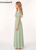 Geranium Elegant Cold-Shoulder Ruffle Chiffon Junior Bridesmaid Maxi Dress - Sage Green KD-71