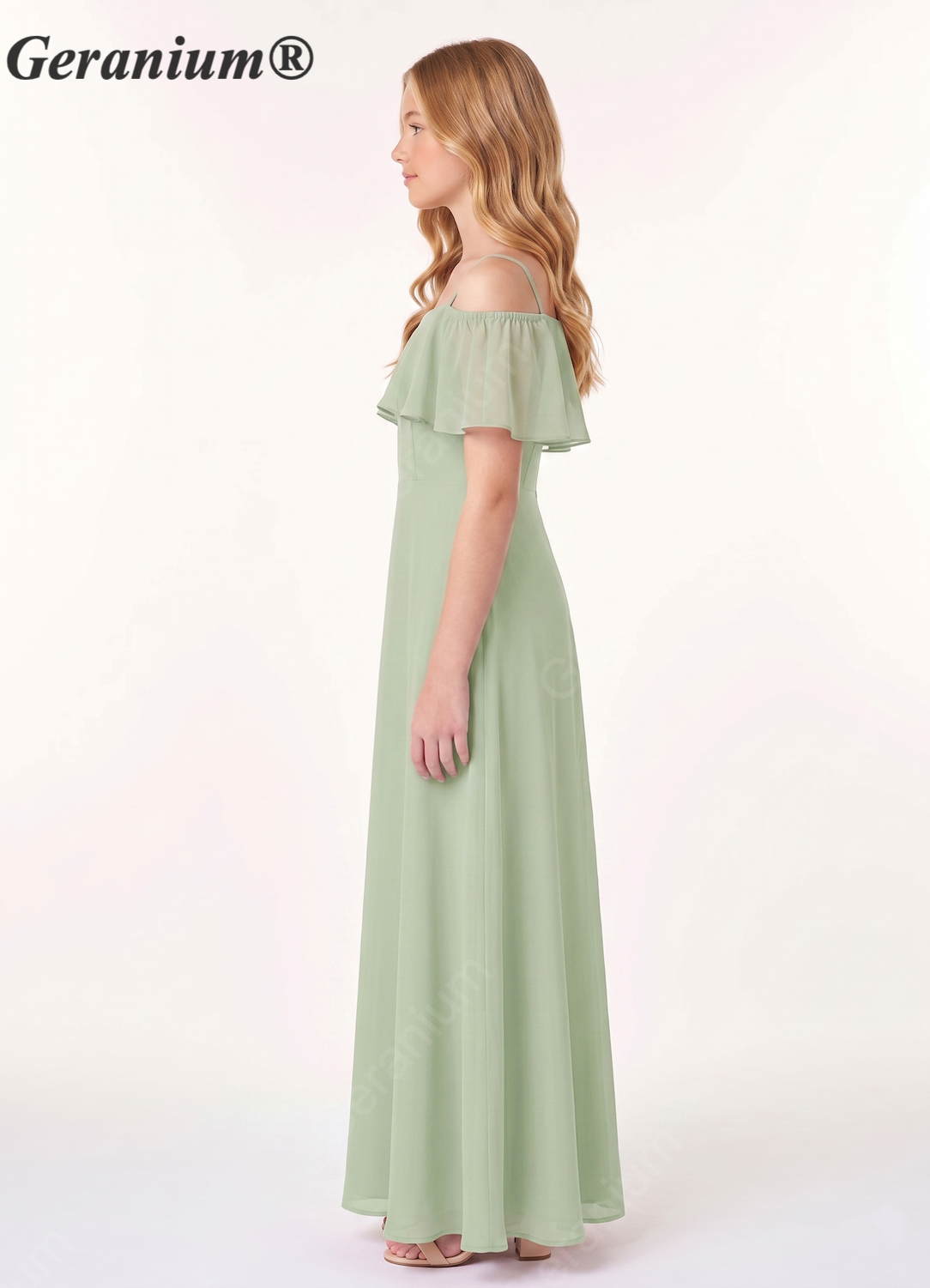 Geranium Elegant Cold-Shoulder Ruffle Chiffon Junior Bridesmaid Maxi Dress - Sage Green KD-71