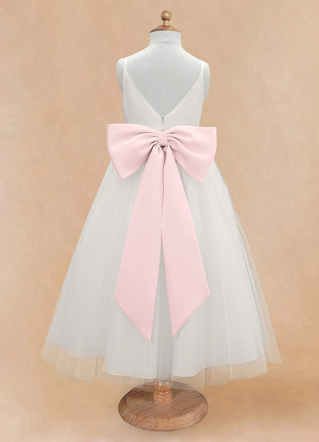 Geranium Elegant V-Neck Tulle Flower Girl Dress with Oversized Satin Back Bow & Pink Sash KD-303
