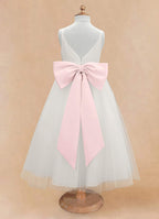 Geranium Elegant V-Neck Tulle Flower Girl Dress with Oversized Satin Back Bow & Pink Sash KD-303