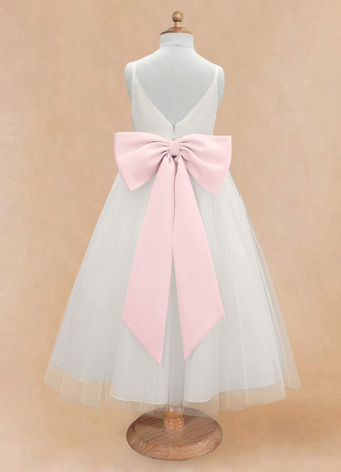 Geranium Elegant V-Neck Tulle Flower Girl Dress with Oversized Satin Back Bow & Pink Sash KD-303