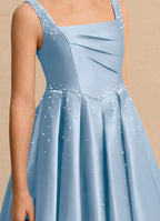 Geranium Sky Blue Square Neck Satin Flower Girl Dress with Pearl Beading & Pleated Bodice KD-251