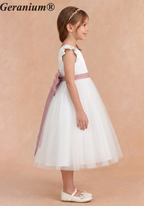 Geranium Elegant White Flower Girl Dress - Ruffle Cap Sleeve Tulle A-Line Party Gown with Optional Mauve Sash KD-272