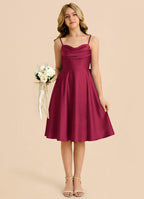 Geranium Burgundy Satin Junior Bridesmaid Dress with Spaghetti Straps & Bow Back – Knee Length A-Line Party Dress KD-78