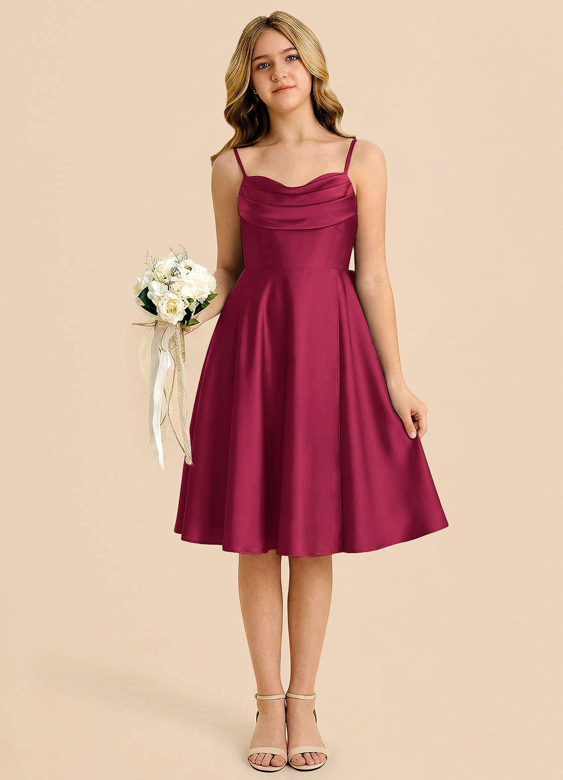 Geranium Burgundy Satin Junior Bridesmaid Dress with Spaghetti Straps & Bow Back – Knee Length A-Line Party Dress KD-78