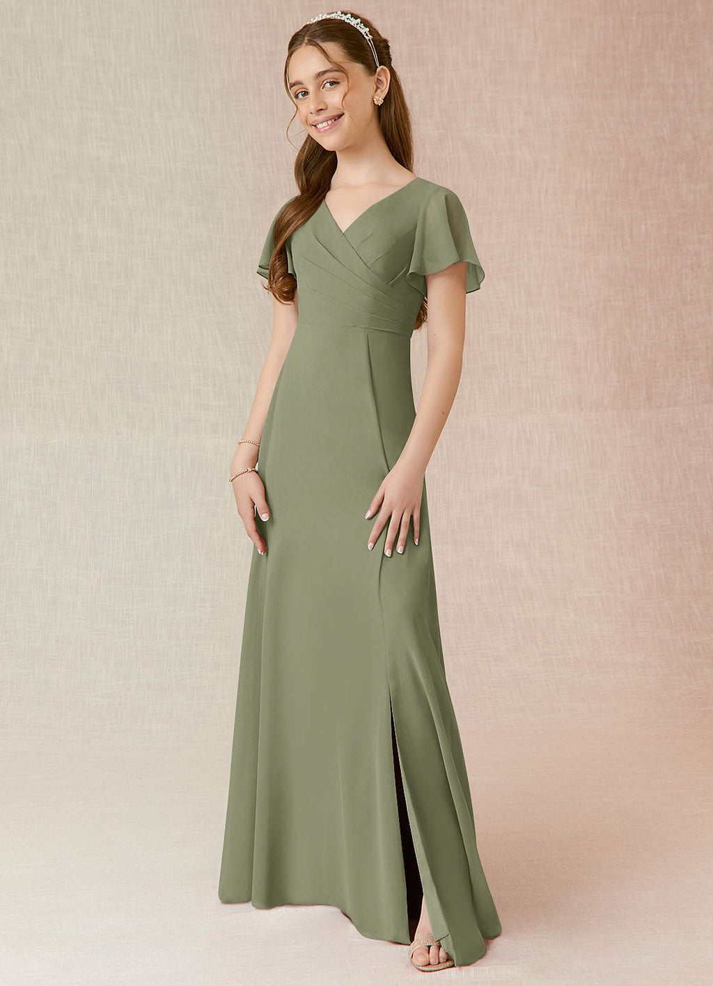 Geranium Elegant Chiffon Junior Bridesmaid Dress with V-Neck Flutter Sleeves & Side Split KD-145