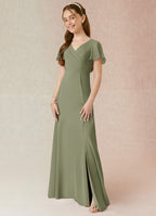 Geranium Elegant Chiffon Junior Bridesmaid Dress with V-Neck Flutter Sleeves & Side Split KD-145