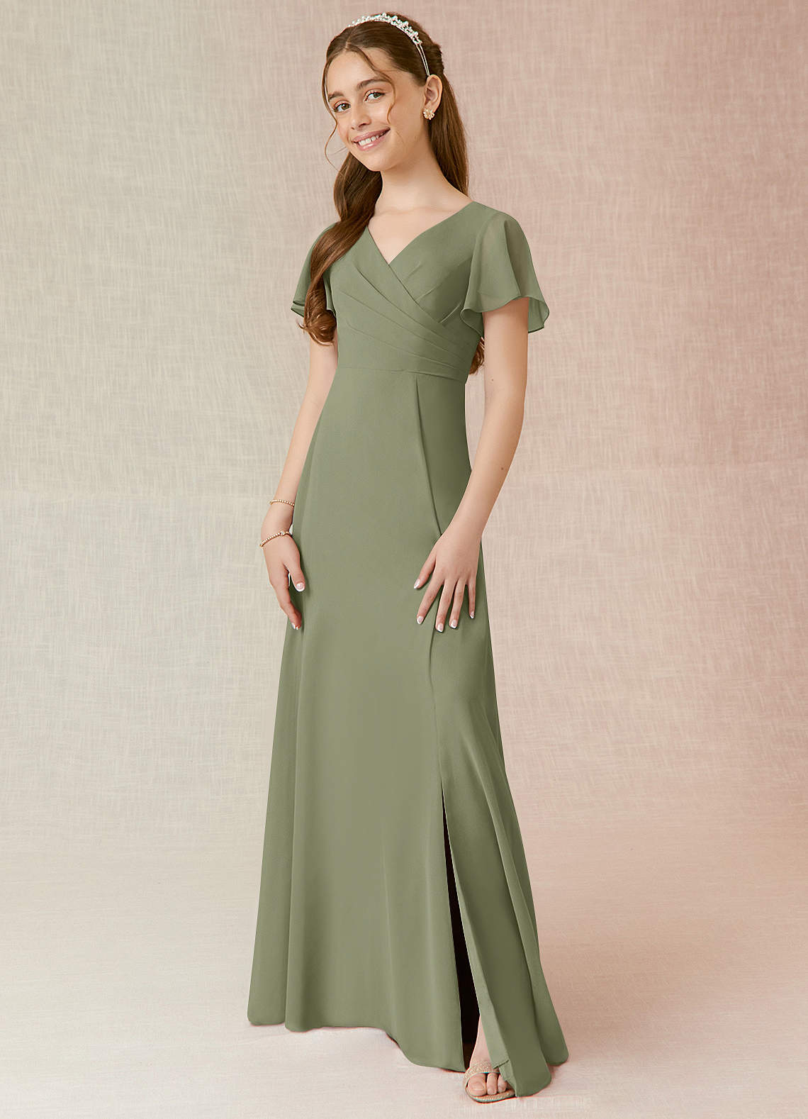 Geranium Elegant Chiffon Junior Bridesmaid Dress with V-Neck Flutter Sleeves & Side Split KD-145