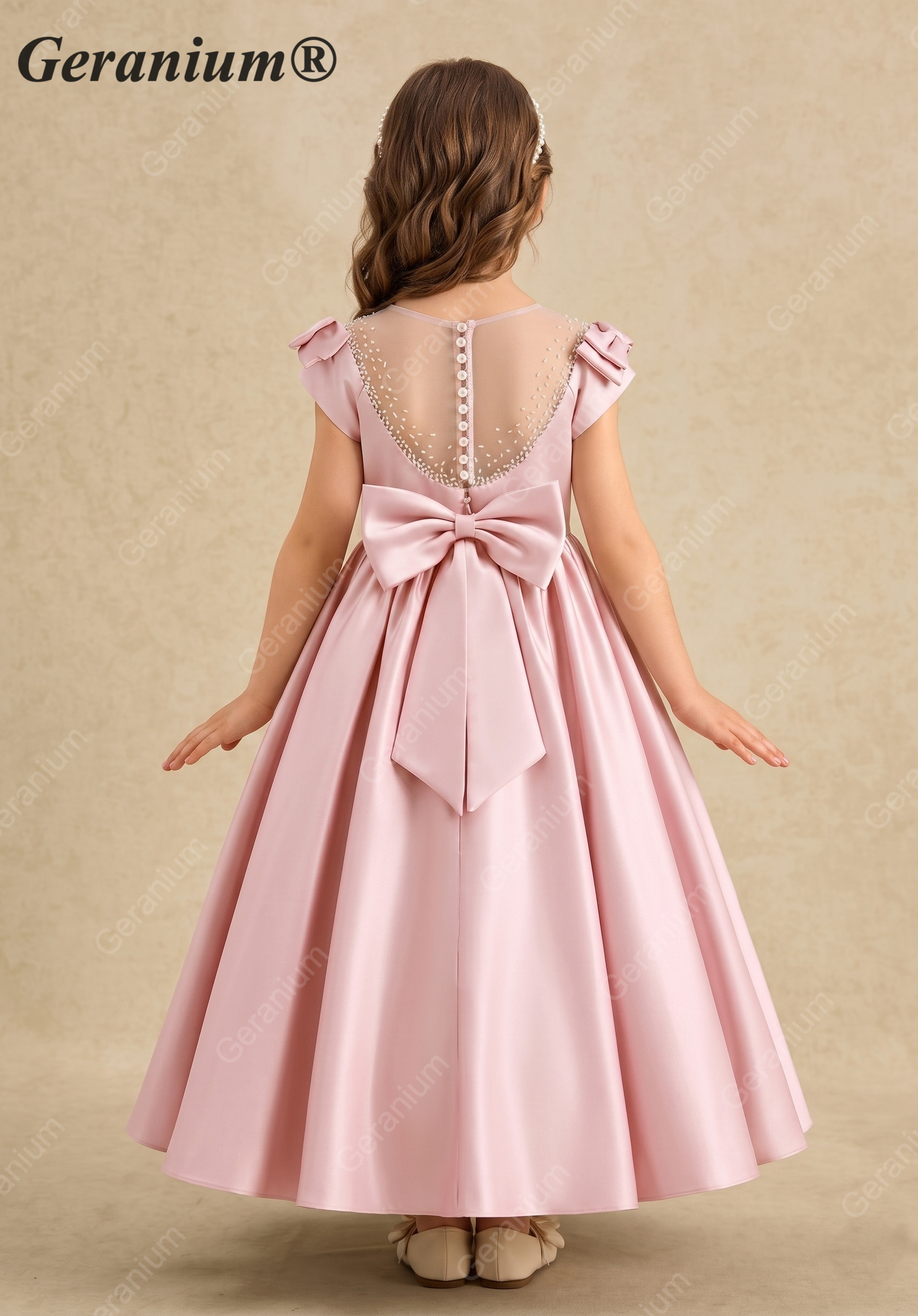 Geranium Elegant Pink Satin Flower Girl Dress - Pearl Illusion Back with Detachable Oversized Bow, Sleeveless Princess Gown for Weddings & Parties KD-239