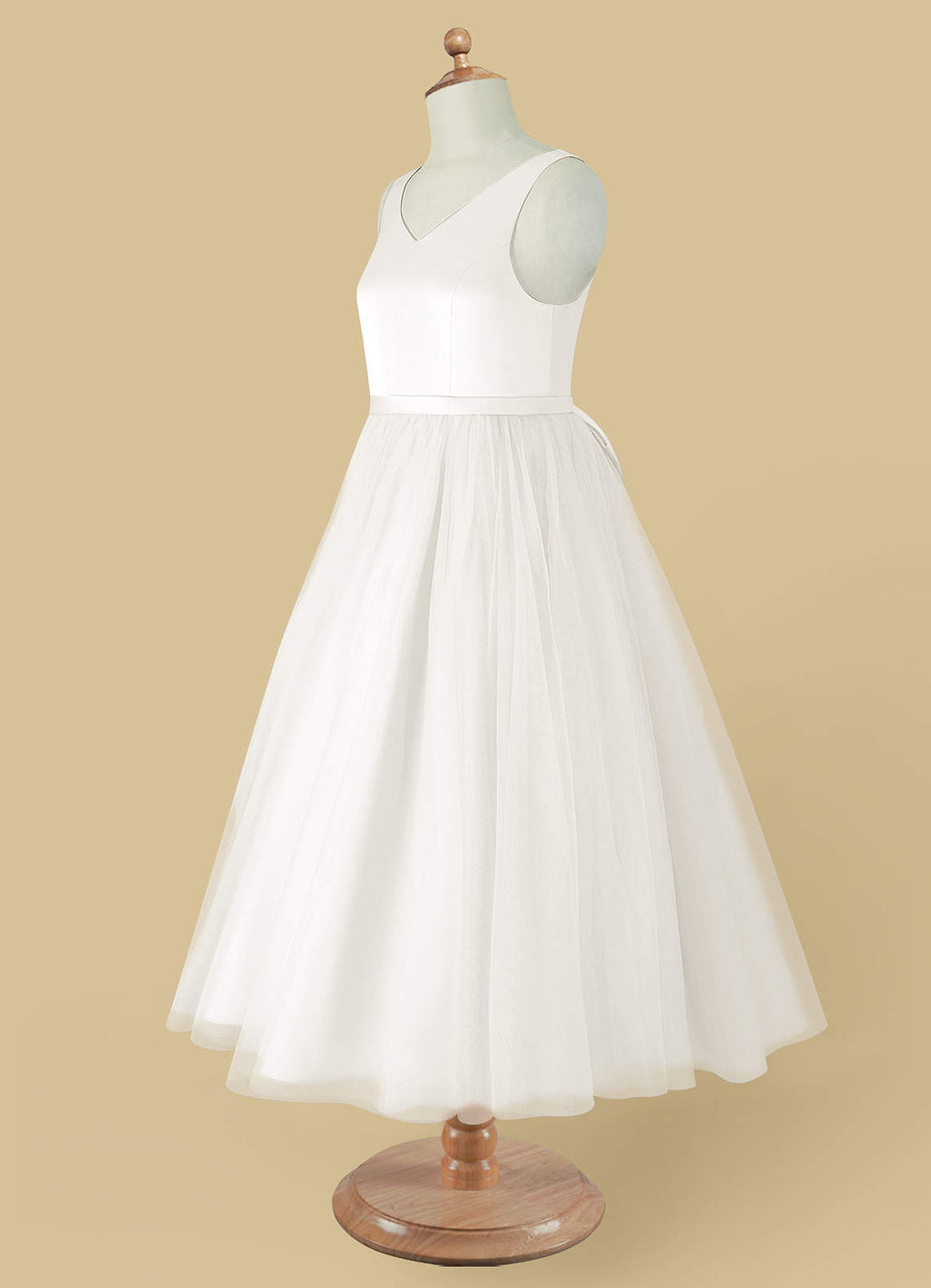 Geranium Simple V-Neck Satin & Tulle Flower Girl Dress - Elegant A-Line Ball Gown with Oversized Back Bow KD-199