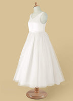 Geranium Simple V-Neck Satin & Tulle Flower Girl Dress - Elegant A-Line Ball Gown with Oversized Back Bow KD-199