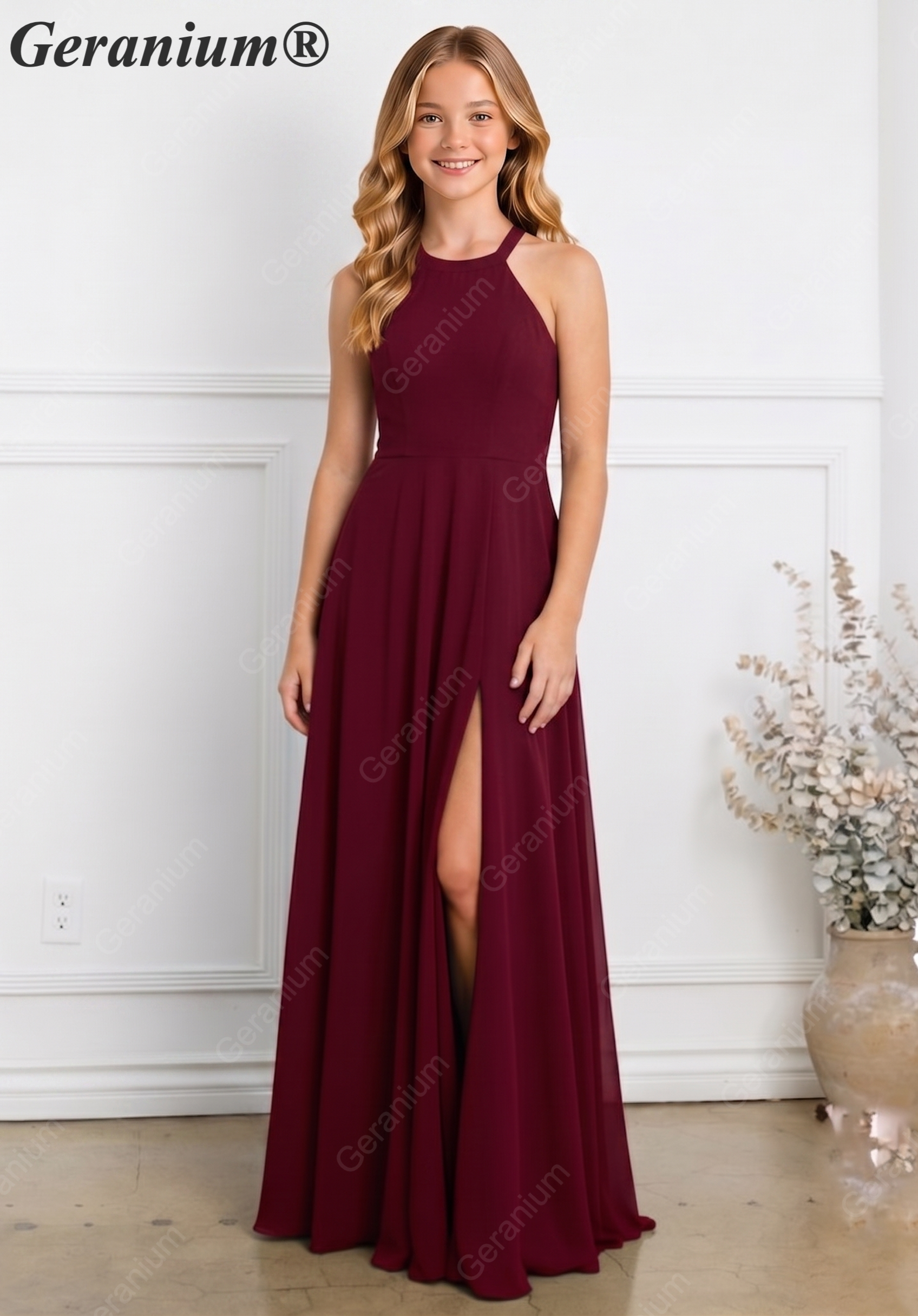 Geranium Elegant Halter Chiffon Junior Bridesmaid Dress with High Slit KD-305 Main image