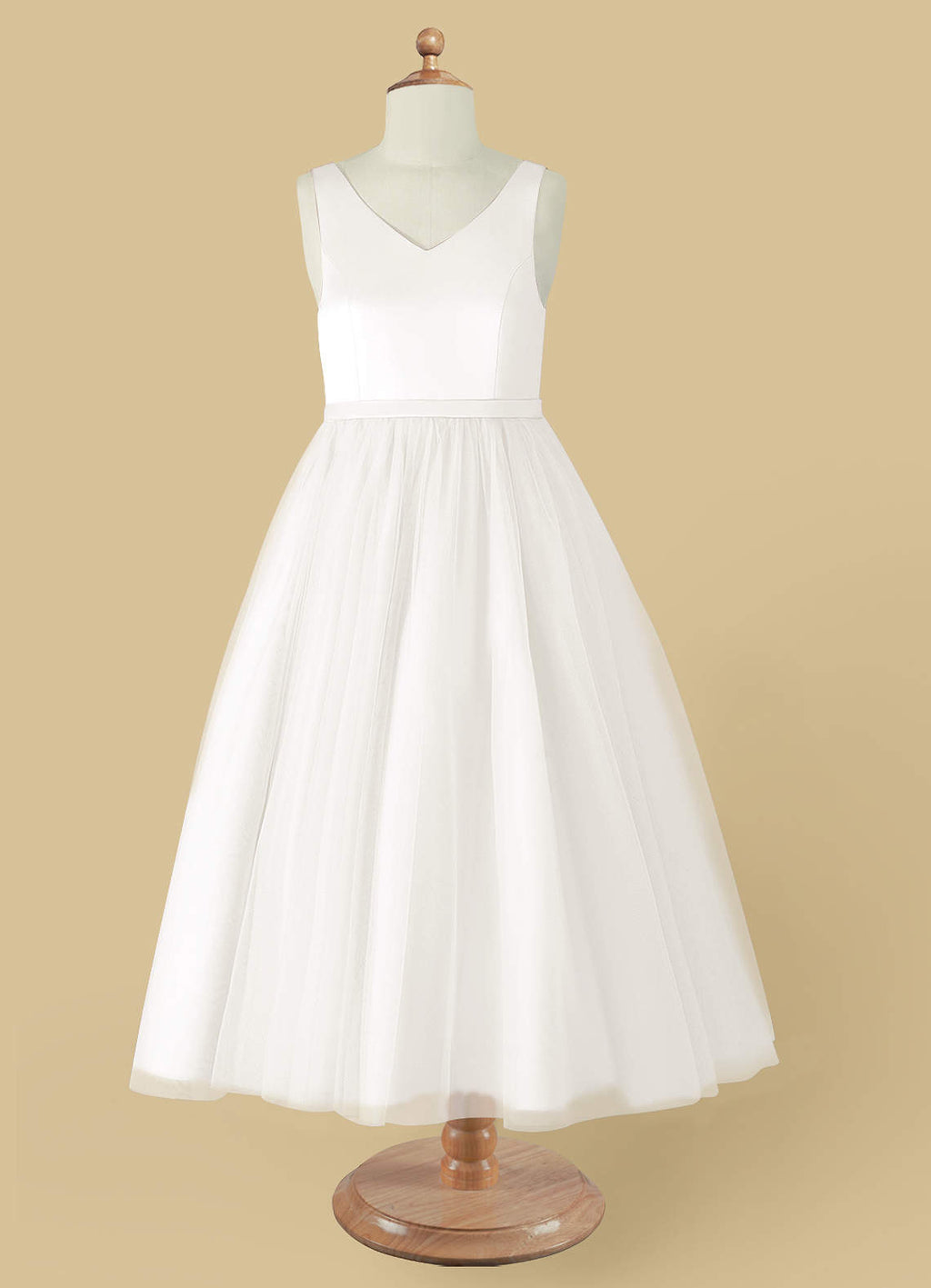 Geranium Simple V-Neck Satin & Tulle Flower Girl Dress - Elegant A-Line Ball Gown with Oversized Back Bow KD-199