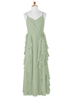 Geranium Sage Green Chiffon Junior Bridesmaid Dress with Ruffle Skirt – Spaghetti Strap V-Neck Teen Formal Dress KD-57