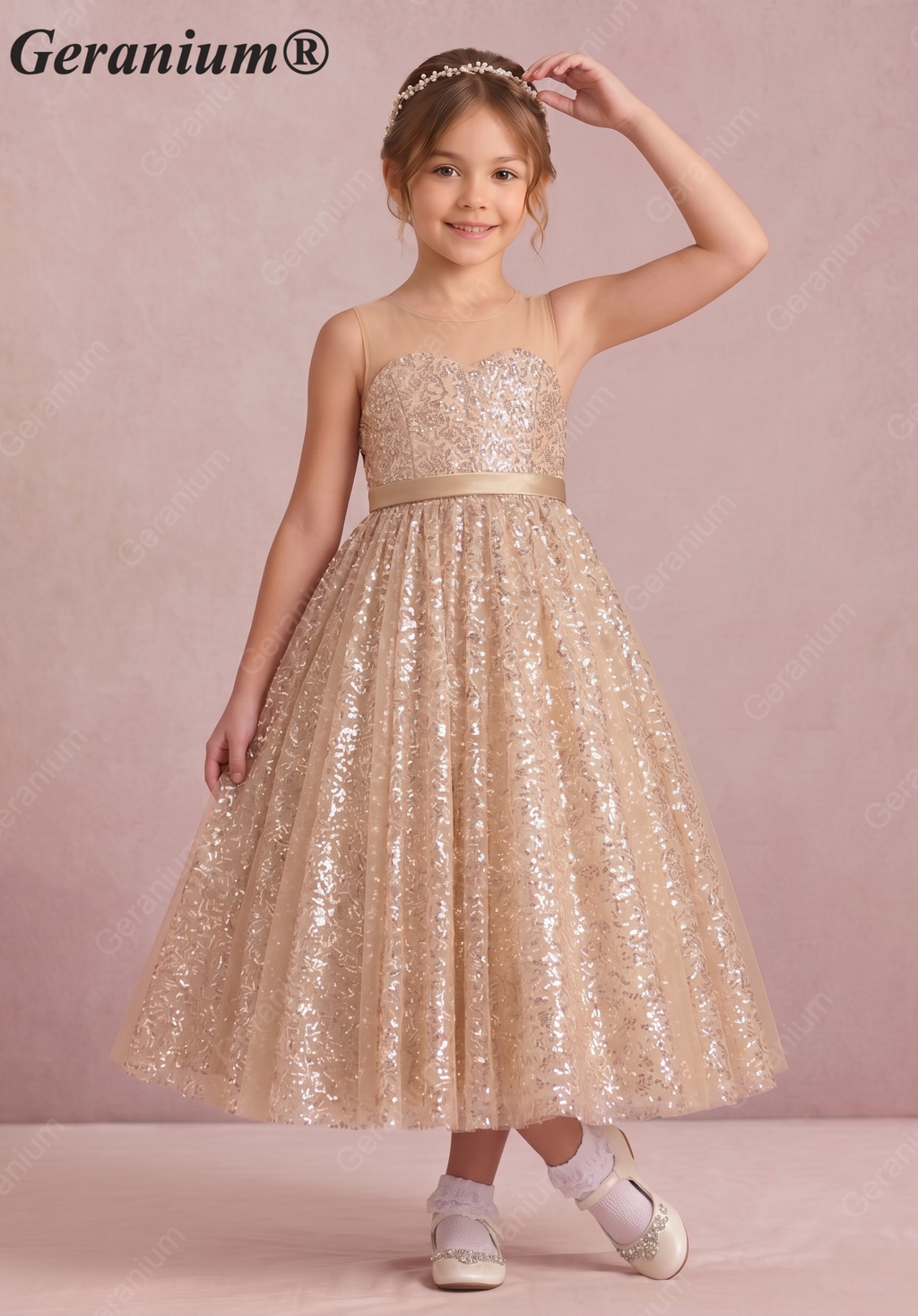 Geranium Luxury Champagne Gold Sequin Flower Girl Dress - Illusion Neckline Tulle Ball Gown for Kids KD-267
