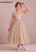 Geranium Luxury Champagne Gold Sequin Flower Girl Dress - Illusion Neckline Tulle Ball Gown for Kids KD-267