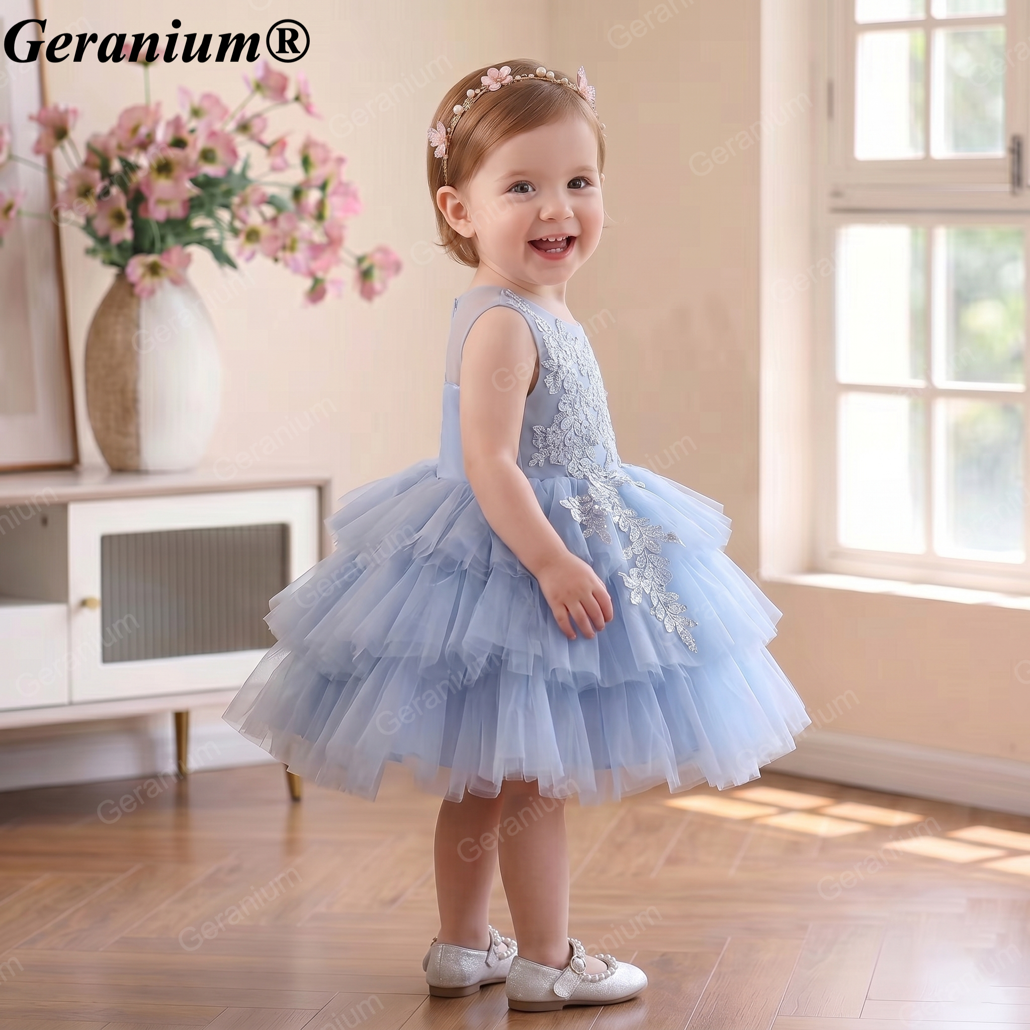Geranium Elegant Sky Blue Tulle Flower Girl Dress - Ruffled Tiered Lace Party Gown for Toddlers & Infants KD-49 Secondary image