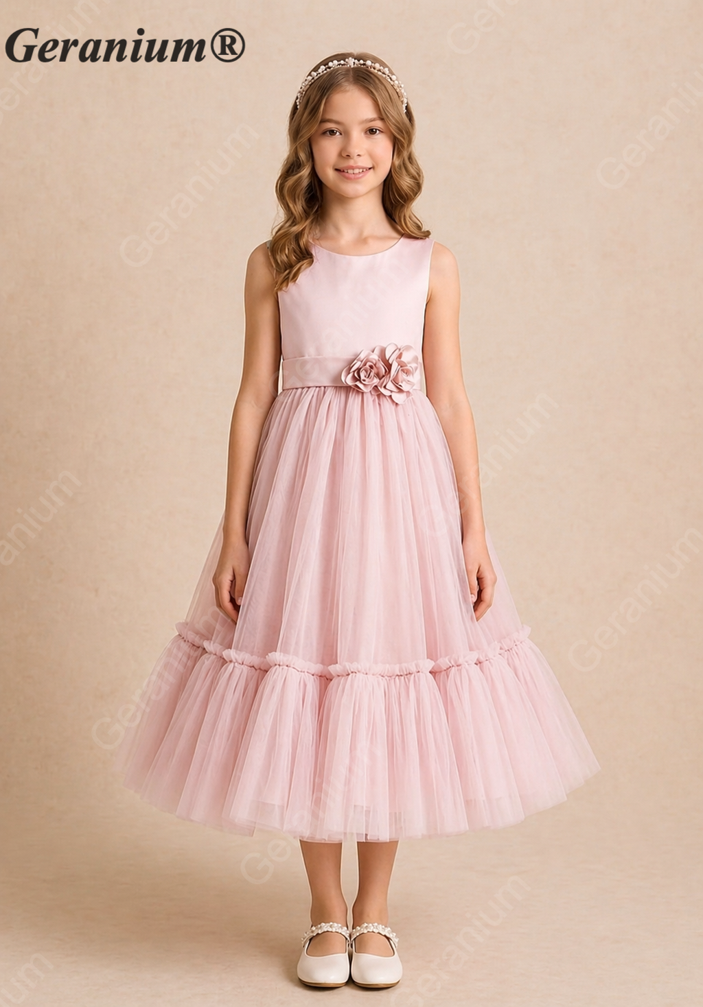 Geranium Elegant Blush Pink Tulle Flower Girl Dress with 3D Floral Waist & Back Bow KD-206J