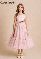 Geranium Elegant Blush Pink Tulle Flower Girl Dress with 3D Floral Waist & Back Bow KD-206J