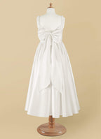 Geranium Elegant Lustrous Satin Flower Girl Dress - Pleated Bodice & Oversized Back Bow A-Line Gown KD-286