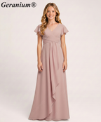 Geranium Elegant Chiffon Flutter Sleeve Junior Bridesmaid Dress with Ruched Bodice KD-319