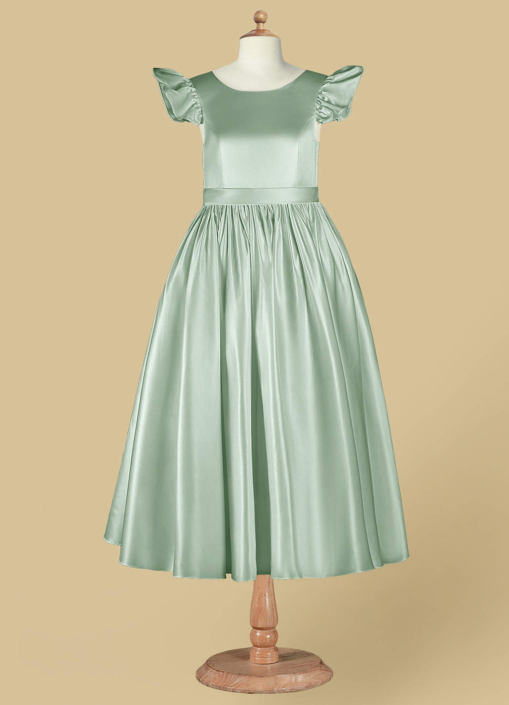 Geranium Mint Green Satin Flower Girl Dress with Flutter Sleeves & Back Bow - Elegant A-Line Communion Party Gown KD-252