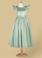 Geranium Mint Green Satin Flower Girl Dress with Flutter Sleeves & Back Bow - Elegant A-Line Communion Party Gown KD-252