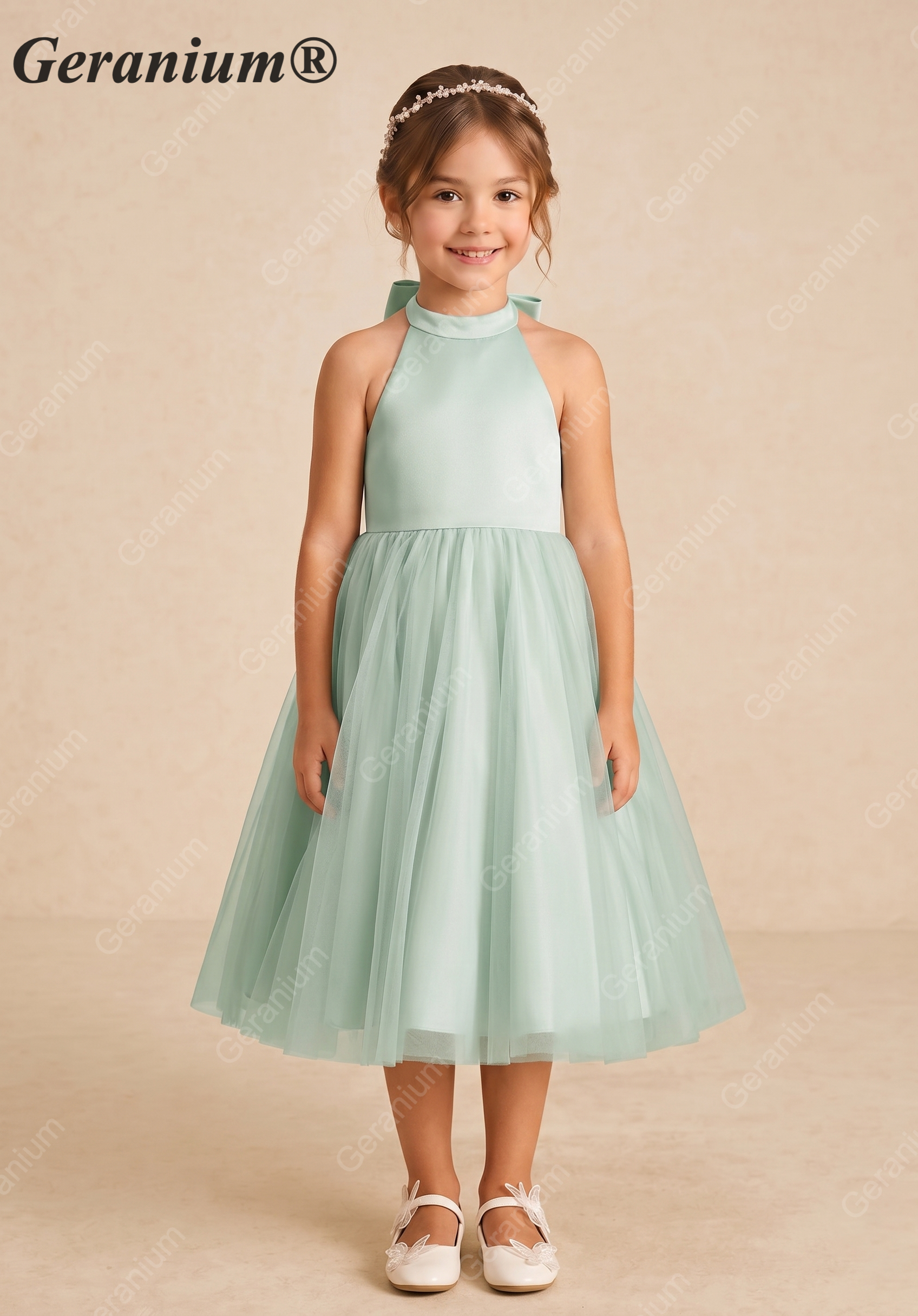 Geranium Elegant Sage Green Halter Flower Girl Dress with Statement Bow Back & Tulle Skirt KD-205 Main image