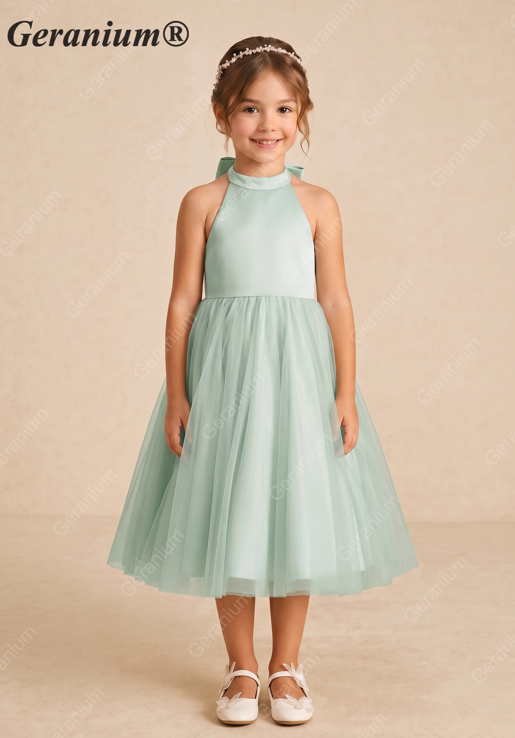 Geranium Elegant Sage Green Halter Flower Girl Dress with Statement Bow Back & Tulle Skirt KD-205