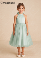 Geranium Elegant Sage Green Halter Flower Girl Dress with Statement Bow Back & Tulle Skirt KD-205