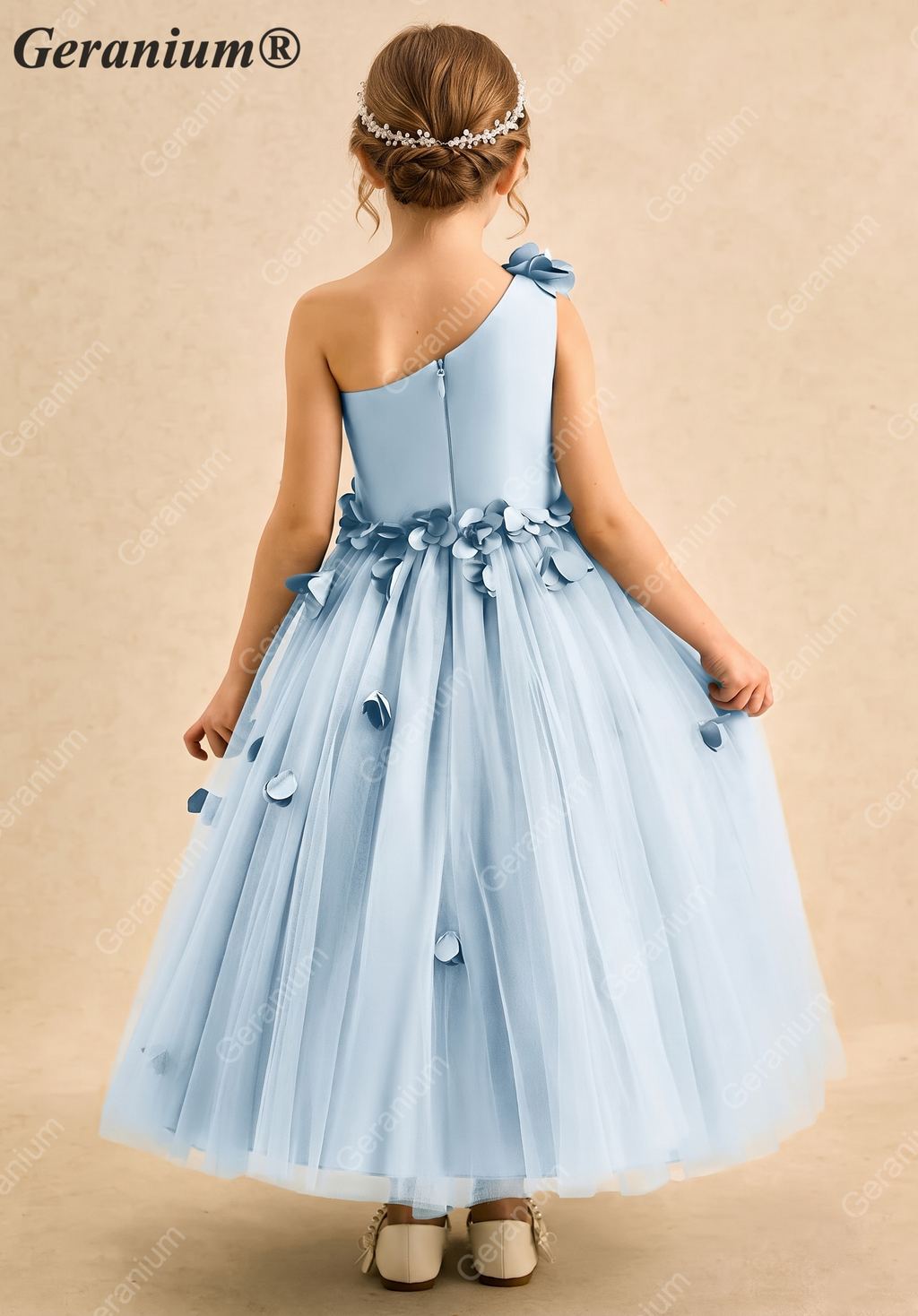 Geranium Light Blue One-Shoulder Flower Girl Dress with 3D Petal Accents & Tulle Skirt KD-253