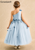 Geranium Light Blue One-Shoulder Flower Girl Dress with 3D Petal Accents & Tulle Skirt KD-253