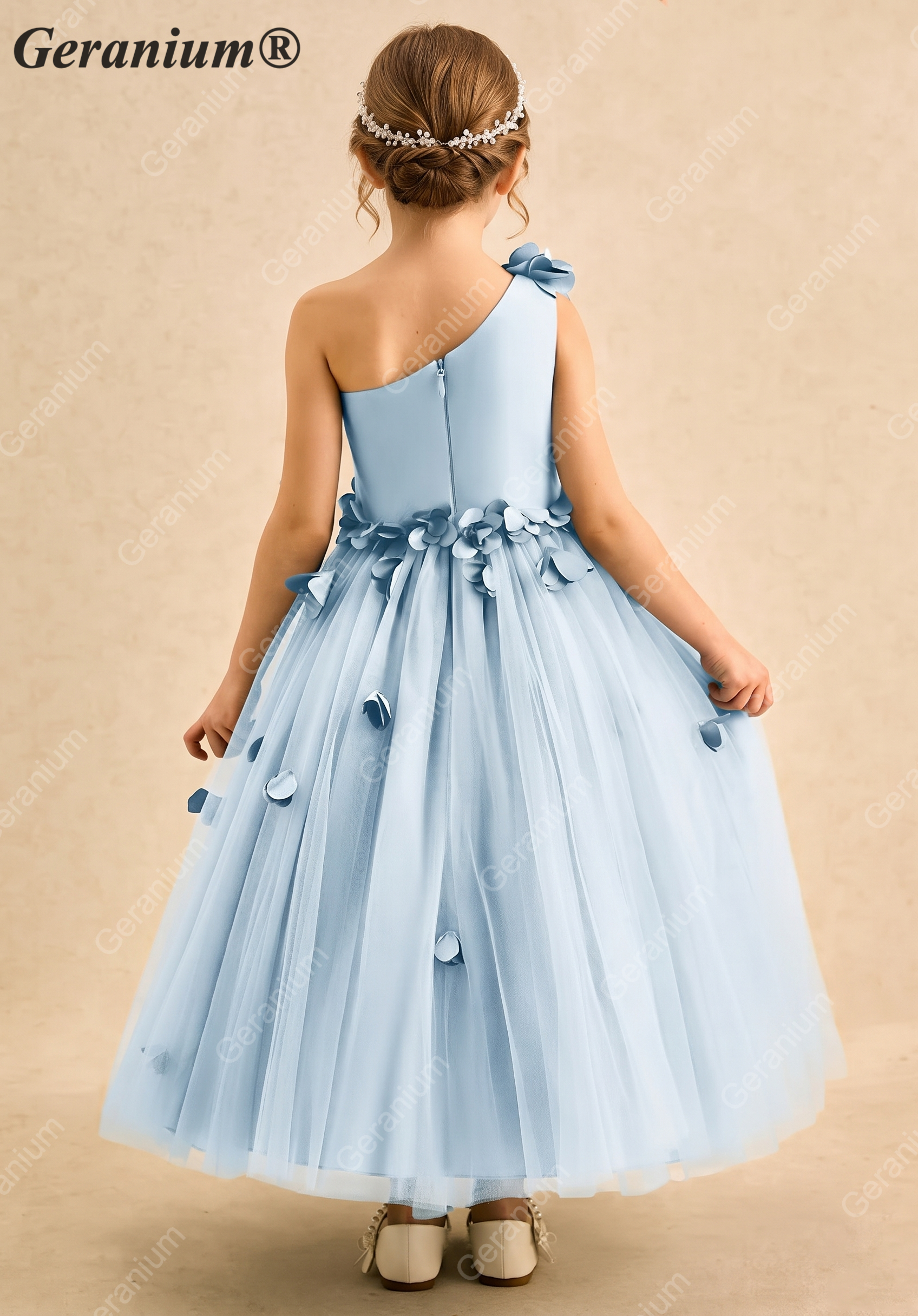Geranium Light Blue One-Shoulder Flower Girl Dress with 3D Petal Accents & Tulle Skirt KD-253