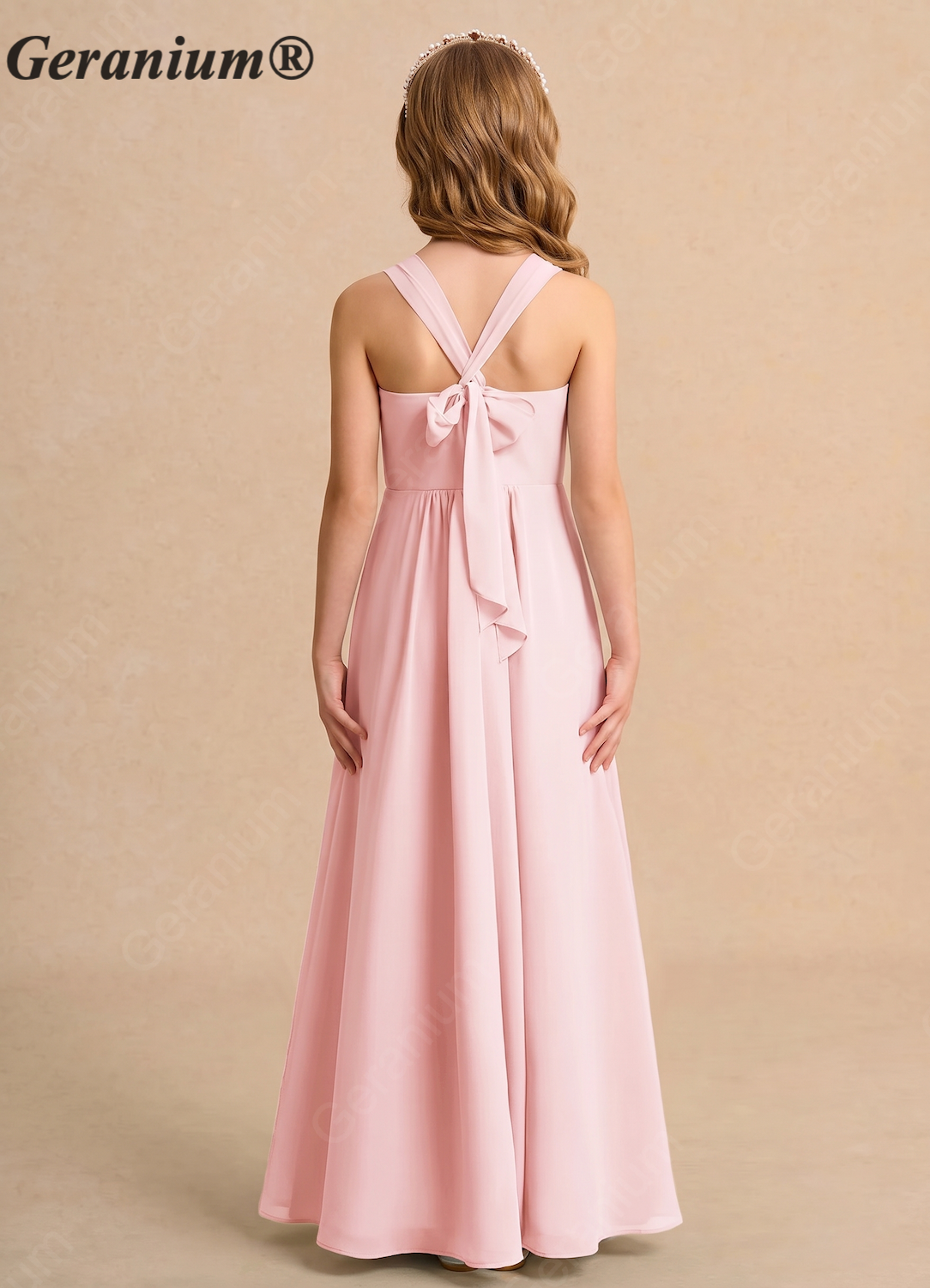 Geranium Elegant Square Neck Chiffon Junior Bridesmaid Dress with Bow Back KD-173
