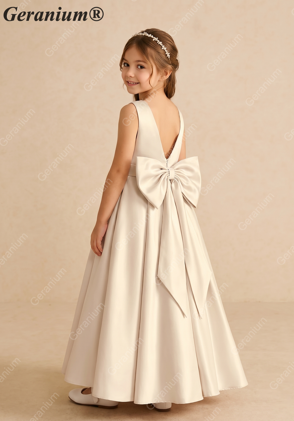 Geranium Elegant Champagne Satin Flower Girl Dress - Back Big Bow A-Line Communion & Party Gown KD-196