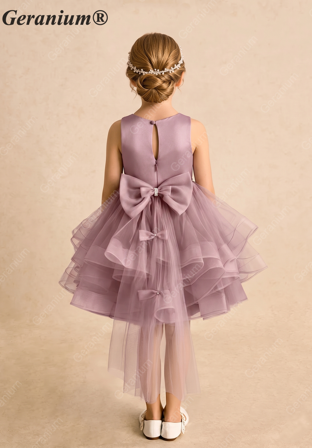 Garanium Girls Dusty Rose Multi-Tiered Tulle Party Dress - Luxury Pearl Waistband & Detachable Bow Train Flower Girl Gown KD-287