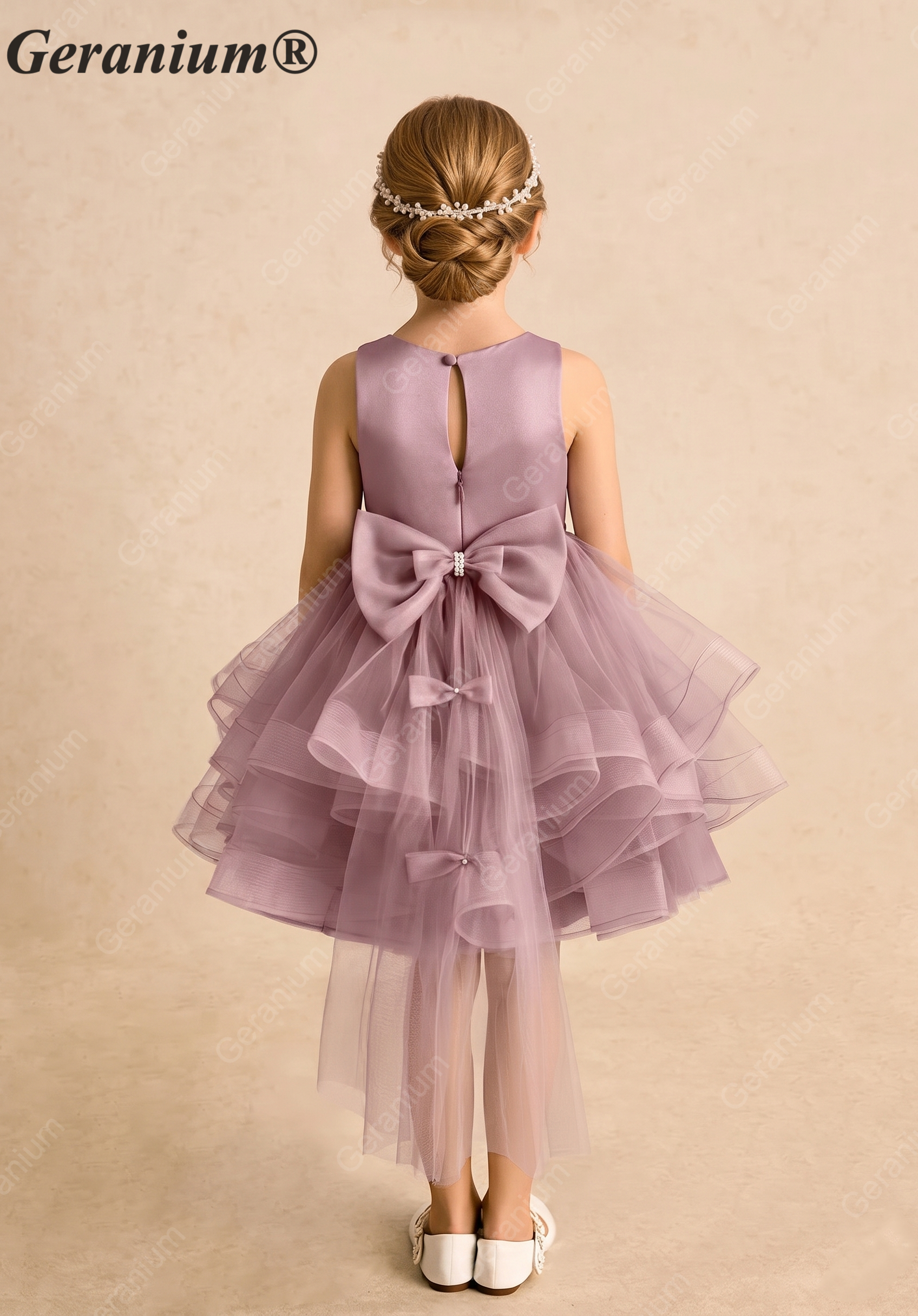 Garanium Girls Dusty Rose Multi-Tiered Tulle Party Dress - Luxury Pearl Waistband & Detachable Bow Train Flower Girl Gown KD-287
