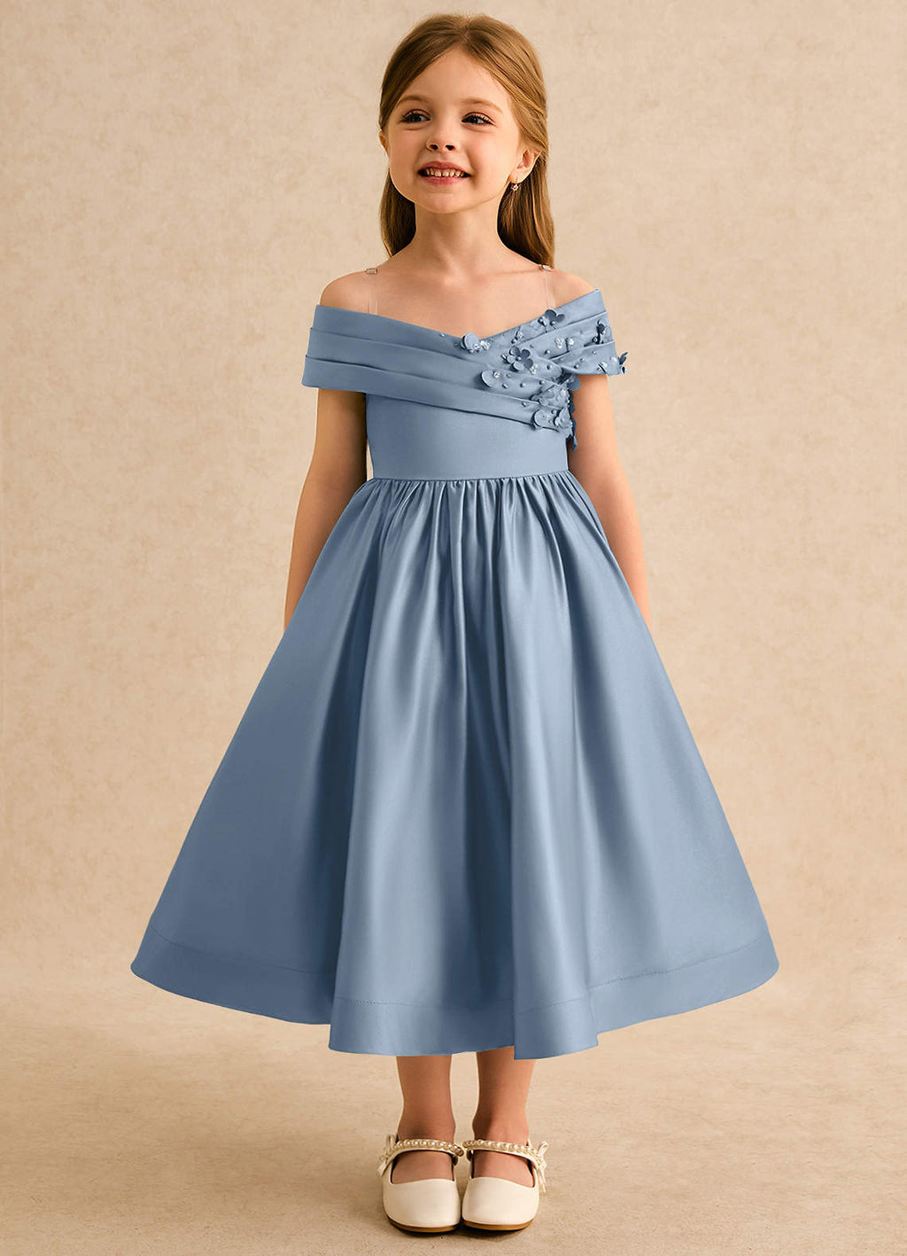 Garanium deedee ball gown off the shoulder matte satin tea length flower girl dress