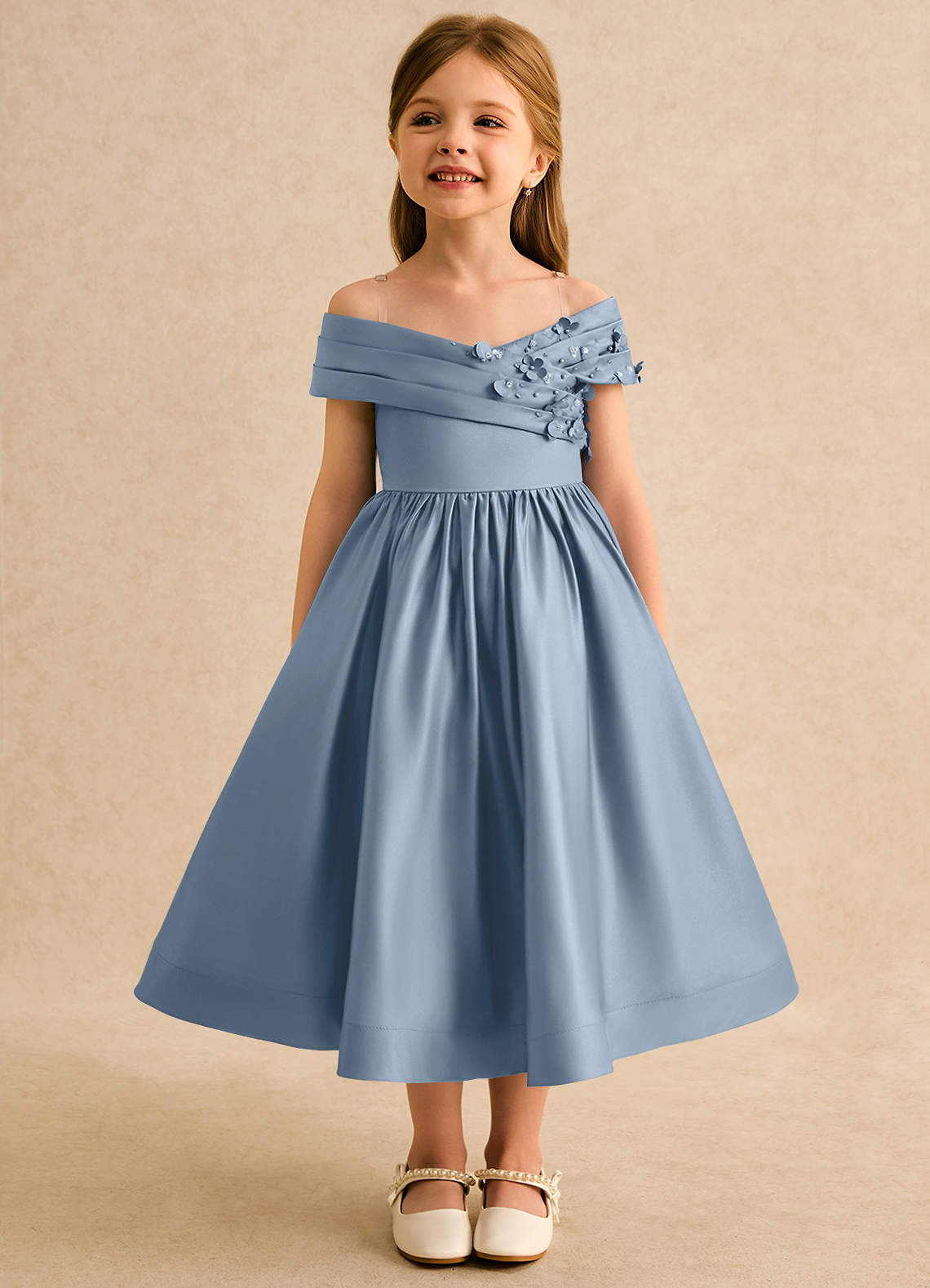 Garanium deedee ball gown off the shoulder matte satin tea length flower girl dress