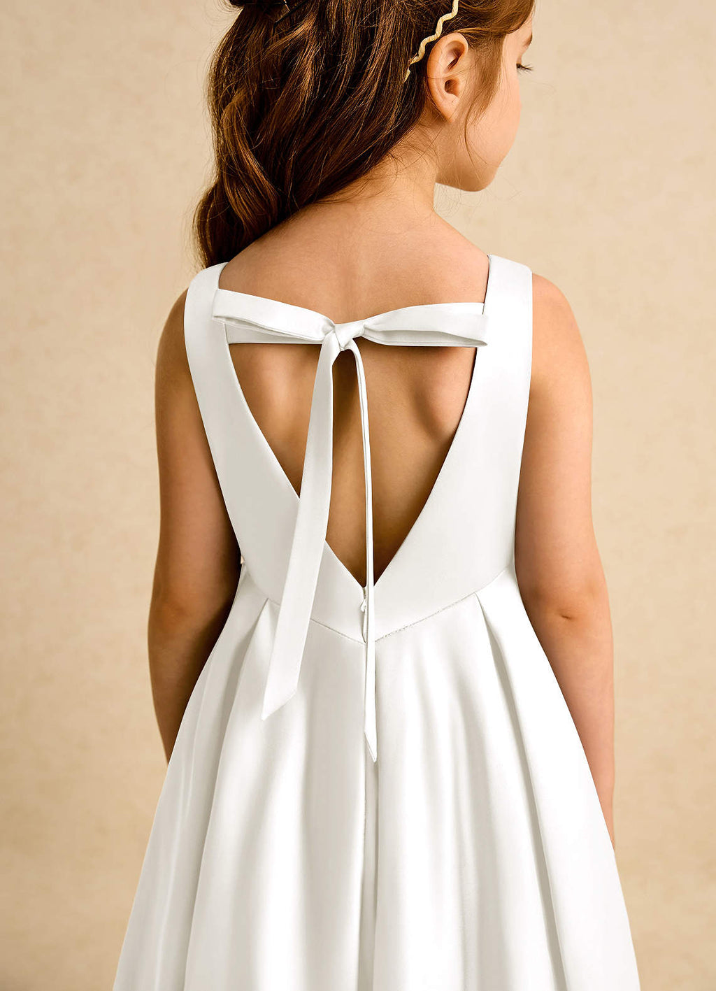 Geranium Elegant Minimalist Satin Flower Girl Dress: Open V-Back with Bow & Pleated A-Line Skirt KD-197