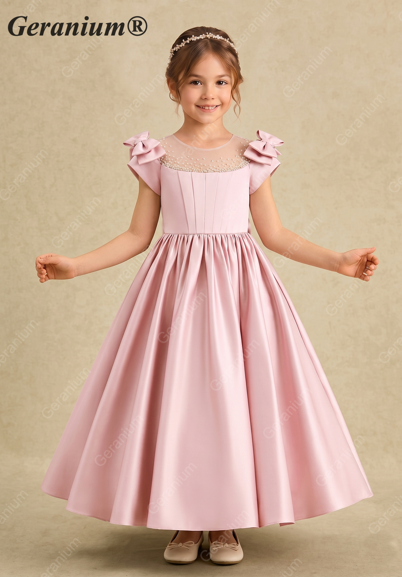 Geranium Elegant Pink Satin Flower Girl Dress - Pearl Illusion Back with Detachable Oversized Bow, Sleeveless Princess Gown for Weddings & Parties KD-239 Secondary image