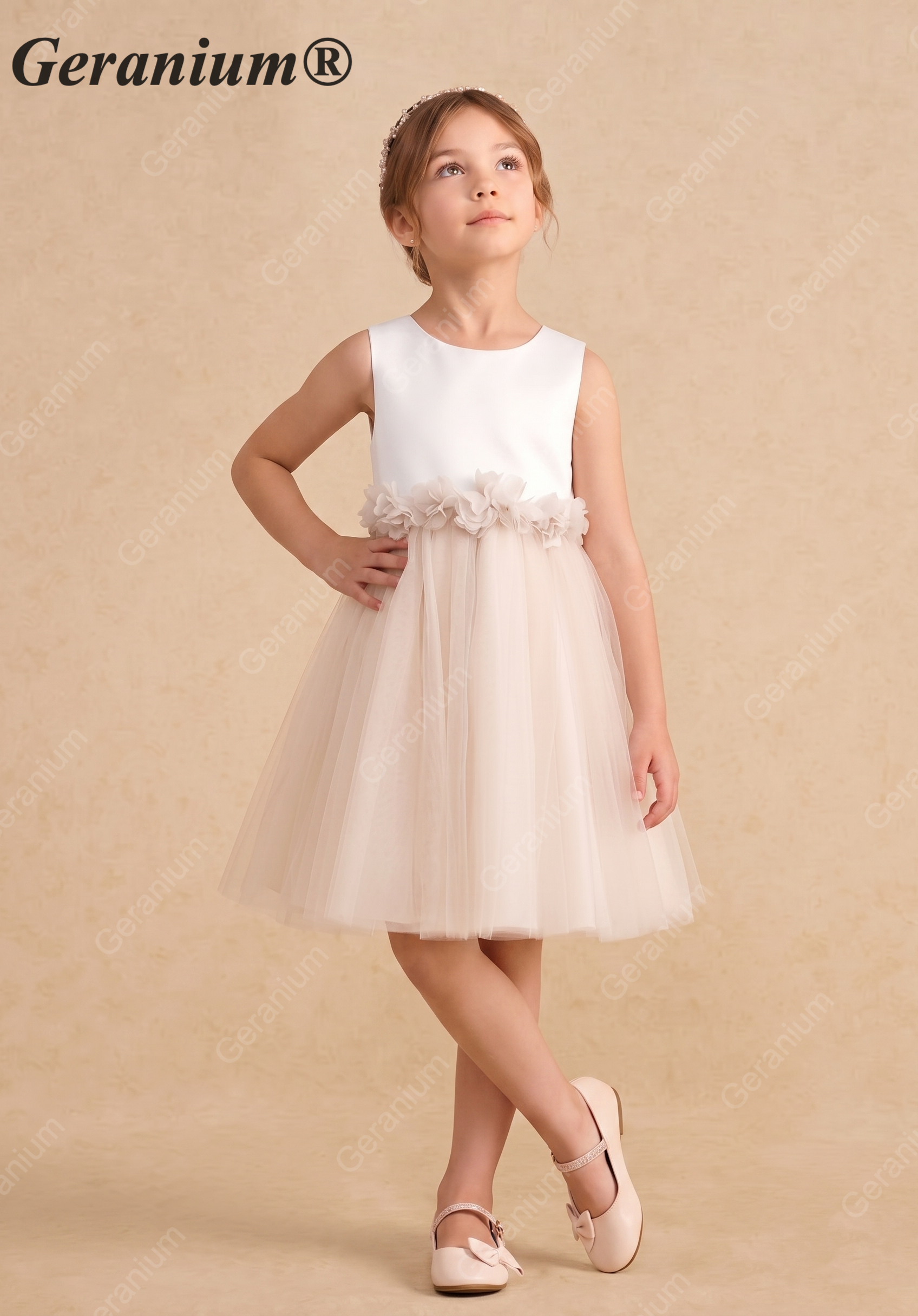 Geranium Elegant Satin and Tulle Flower Girl Dress with 3D Floral Waistband - Open Back KD-259 Secondary image